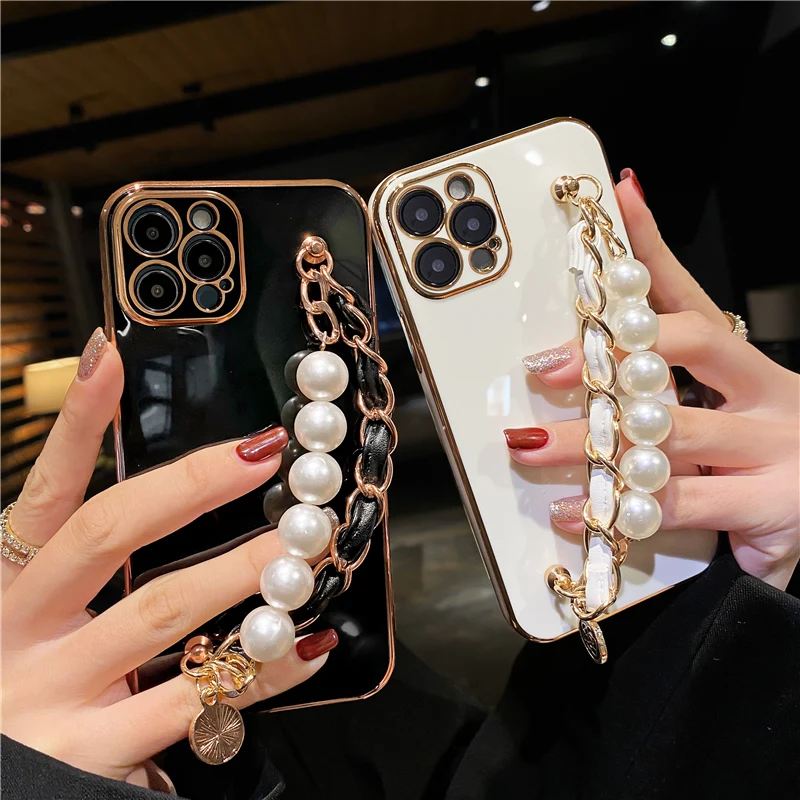 

Luxury Plating Pearl Bracelet Phone Chain Soft Case for iPhone 13 Pro Max 12 11 MiNi XR XS X 7 8 plus Glitter Silicone Cover