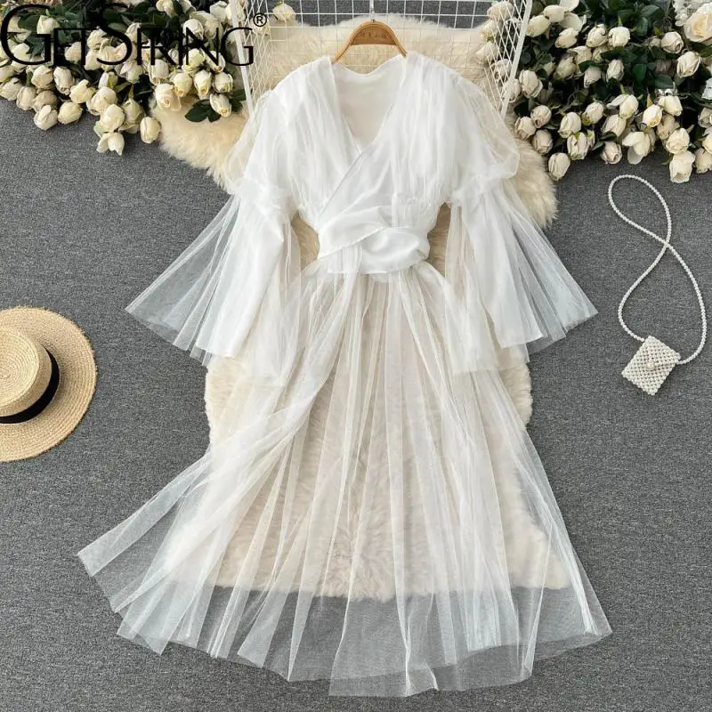 

Getspring Women Dress Temperament Chiffon Long Sleeve Vintage V Neck Mesh Sexy Long Dresses New 2022 Spring Summer New Arrival