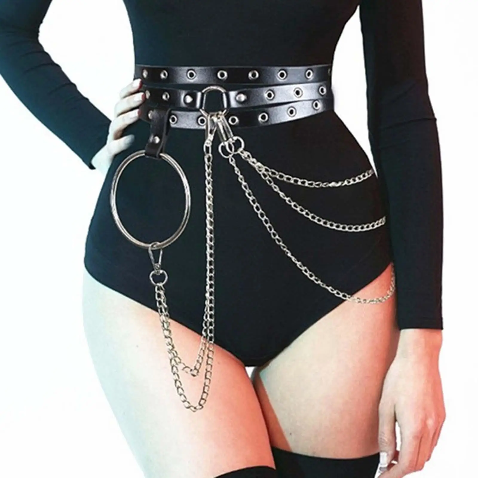 

Gothic Woman Belly Chains Belt PU Leather Metal Chain Tassel Soft Flexible Shape up Your Thigh