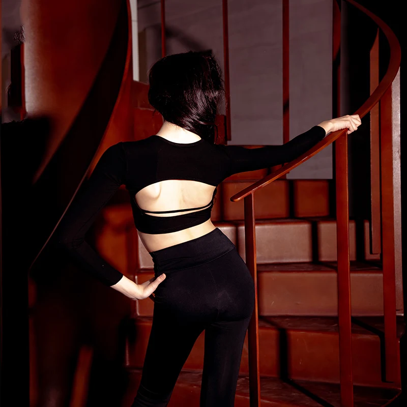 Костюм для латинских танцев девочек черный сетчатый топ с открытой спиной