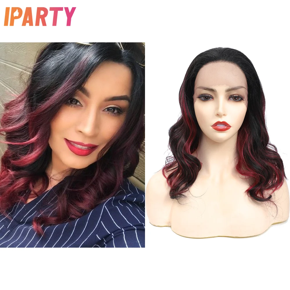 

Iparty 16 дюймов средняя часть синтетические кружевные передние парики для черных женщин светильник Омбре красный волнистый парик термостойки...