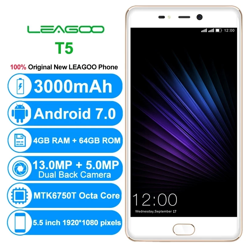 Leagoo T5 смартфон с 5 5-дюймовым дисплеем восьмиядерным процессором 1920x1080 Android 7 0 МП + 13