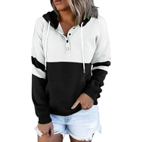 women contrast colors patchwork button collar hoodie warm hooded drawstring lady sweatshirt autumn casual loose fashion pullover