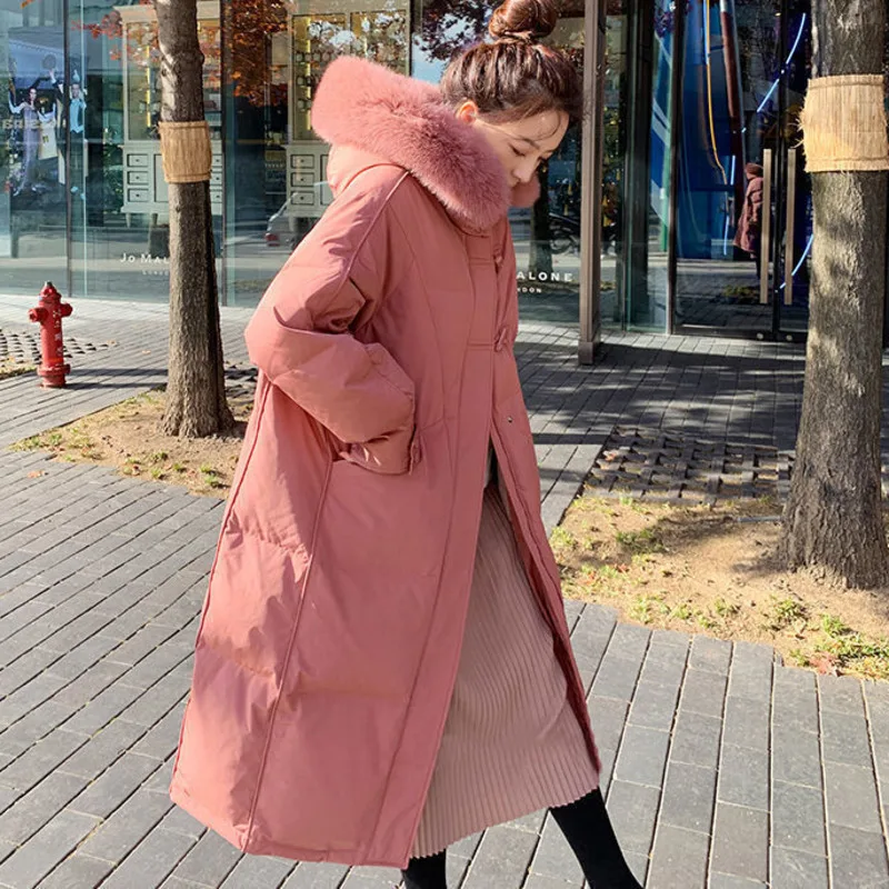 White Duck Down Jacket Women's Winter New Big Real Fur Hooded Middle And Long Korean Over Knee Fashion Elegant Horn Solid Parker