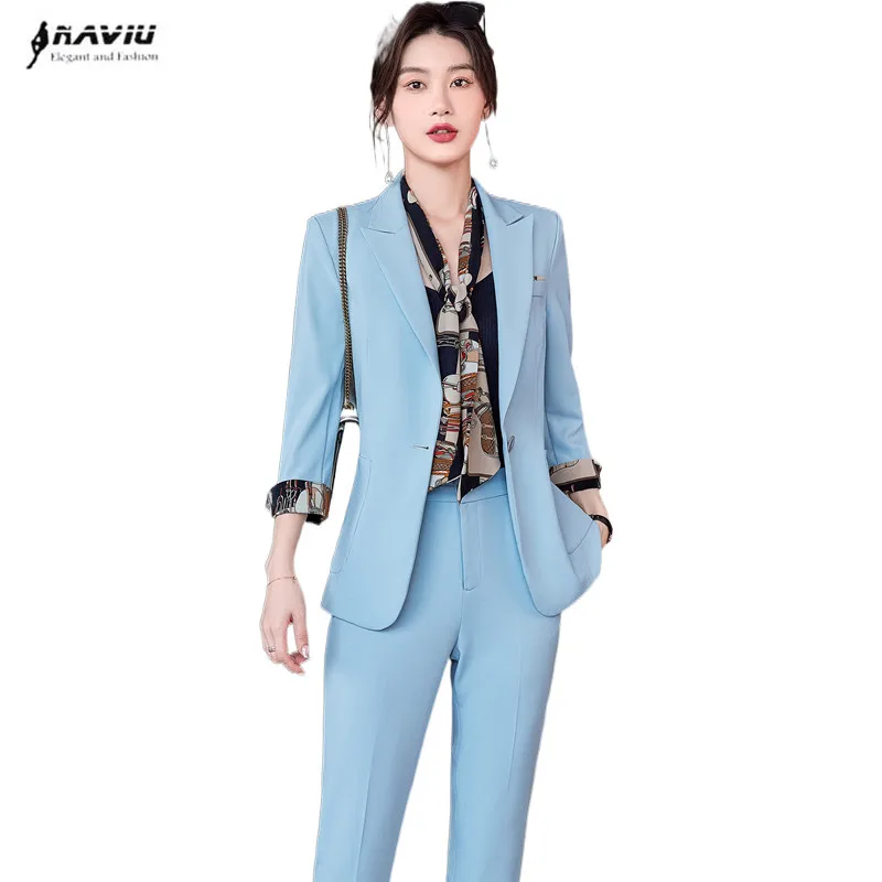 Naviu New Fashion Summer Half Sleeve Pants Suit Blazer and Trousers Two Pieces Set Black Blue Color Uniform Office Wear
