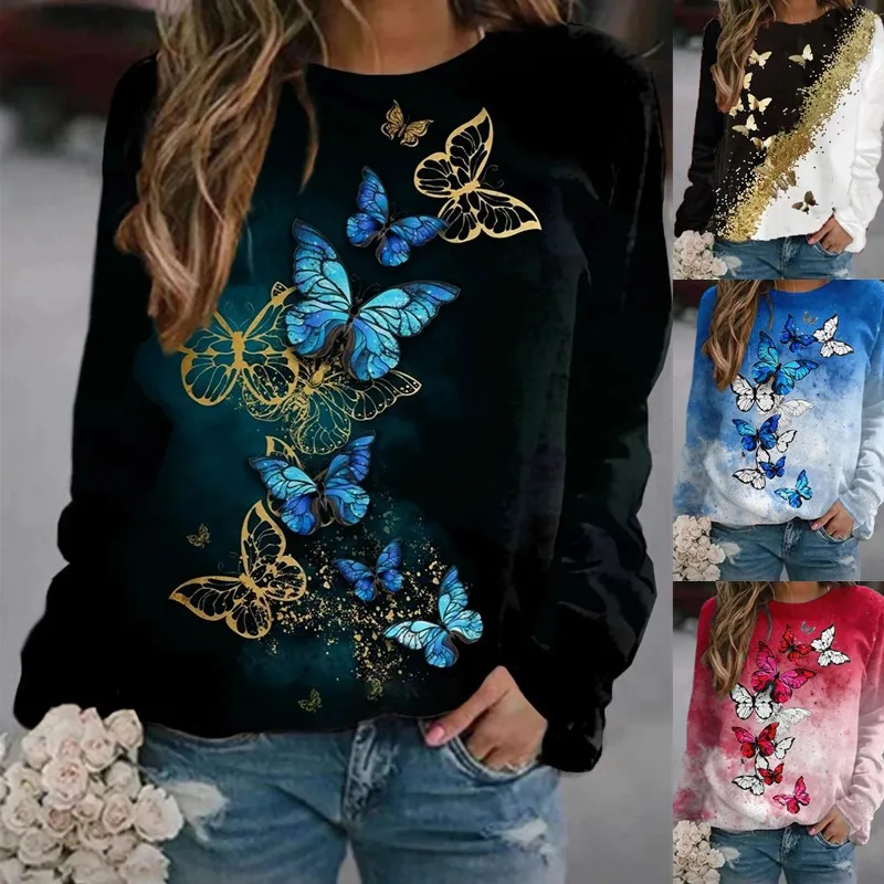 

2022 new autumn and winter women's floral butterfly round neck long-sleeved sweater women's T-shirt