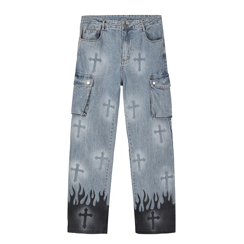 Men Jean Mid Waist Straight Baggy Pants Korean Fashion Male Printed Pocket Trend Denim Trousers Jeans Homme  Y2k Men Clothes