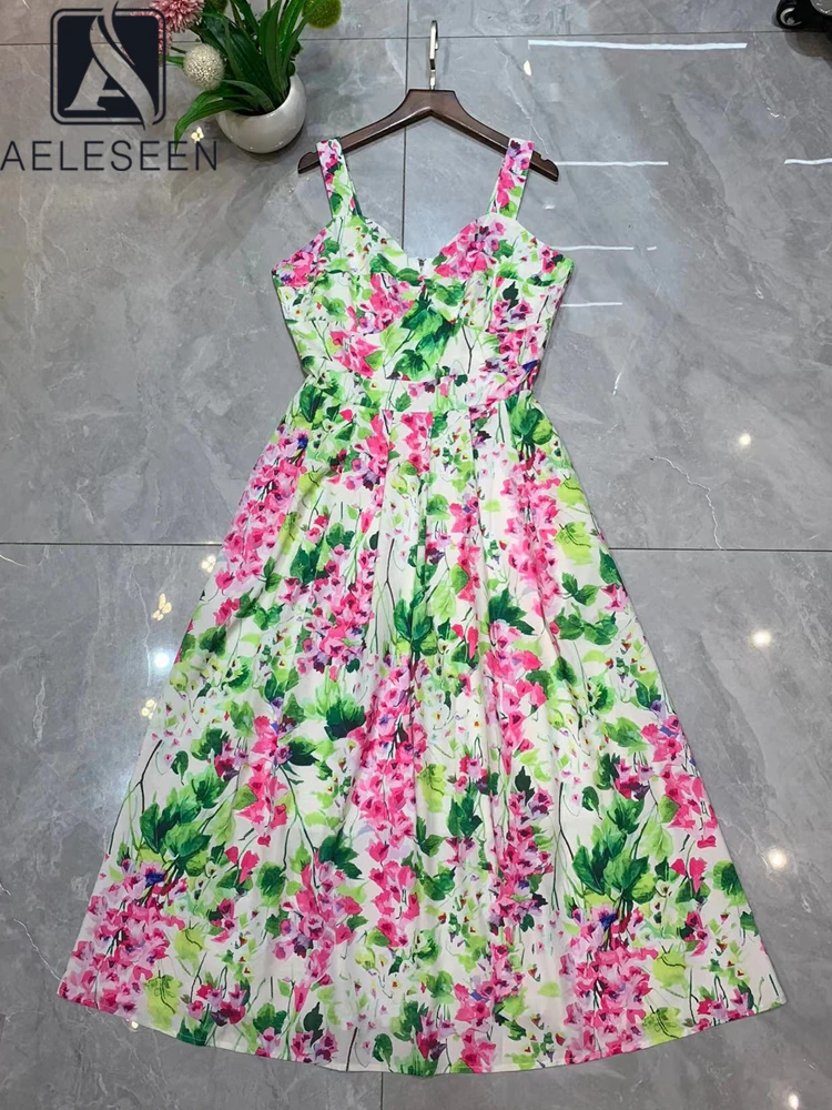 

AELESEEN 2022 Women Sicilian Dress 2022 Summer Runway Fashion Spaghetti Strap Hydrangea Flower Print Slim Elegant Long Camisole