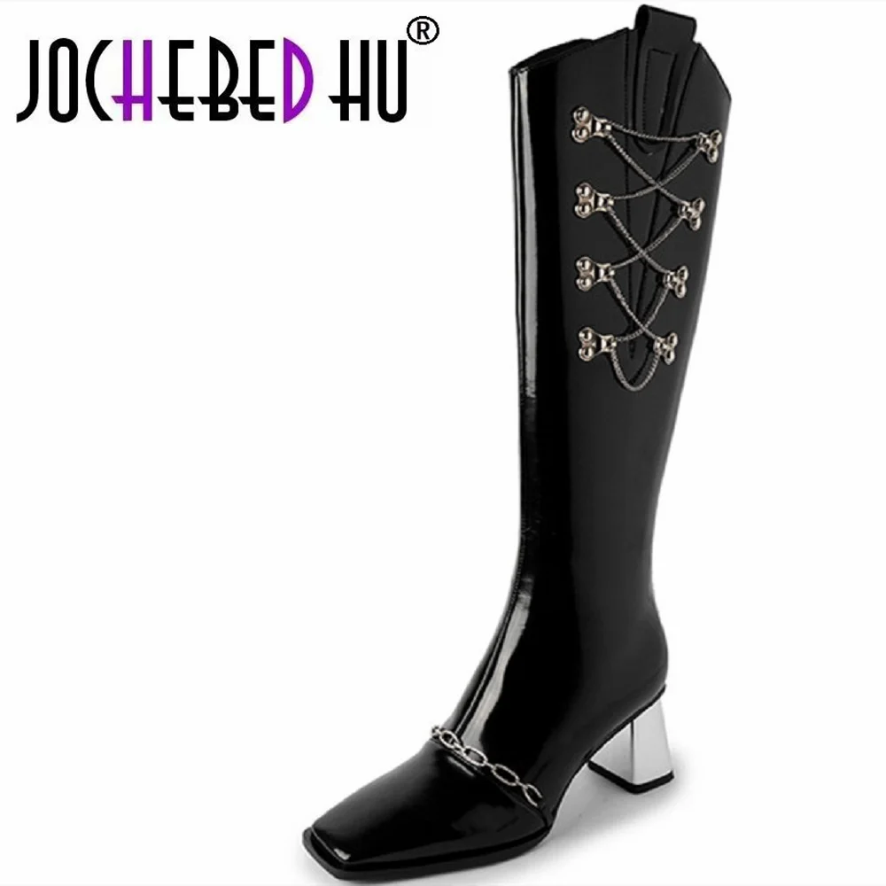 

【JOCHEBED HU】2022 Genuine Leather Pointed toe transparent heel boots metal buckle women's boots Fashion all-match boots 34-40