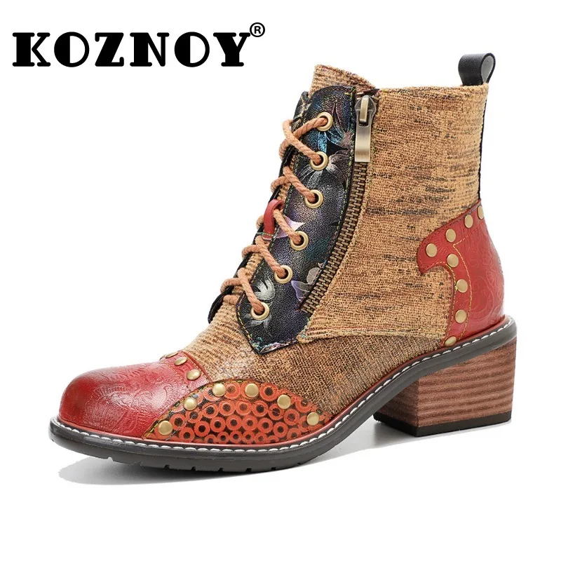 

Koznoy 5cm Denim Sheepskin Leather Wedges Boots Ethnic ZIP Platform Autumn Spring Cowboy Women Ankle Retro Big Size Canvas Shoes