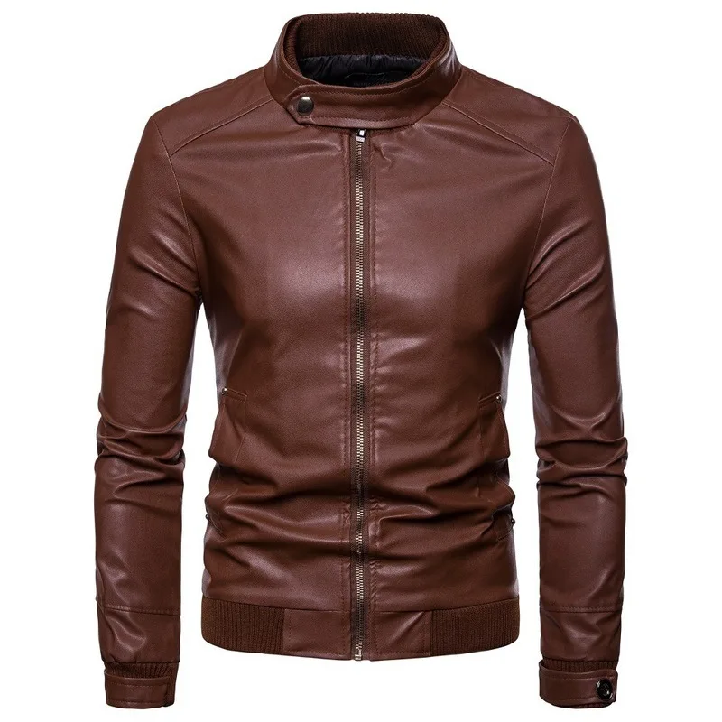 

Motorcycle Jacket Male Korean Faux Leather Coat Men's PU Leather Outdoor Jacket Brown Brand New Stand Collar with Zipper M-3Xl