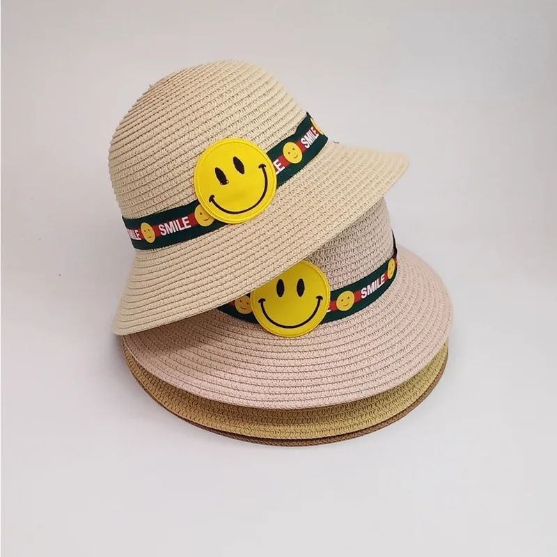 

Baby Smiley Straw Hat Korean Summer Bucket Hat Cute Dome Panama Hat Children Outdoor Travel Beach Sun Cap For For 4-8Y Baby Boys