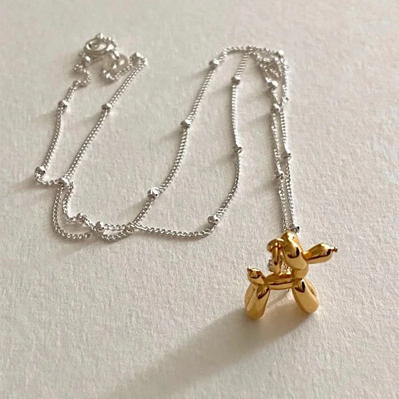 

Minar Cute Lovely Gold Color Balloon Dog Pendant Necklaces for Women Personality Round Beads Metallic Choker Necklace Jewelry