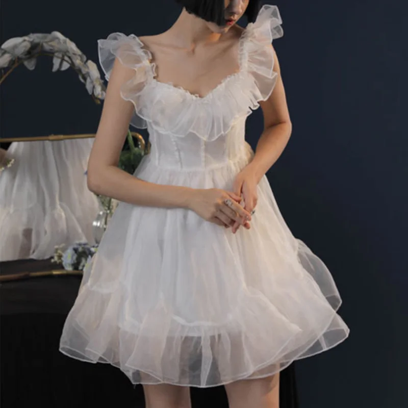

2021 Summer Kawaii Fairy Dress Women Vintage Elegant Sweet Strap Mini Dresses Backless Ruffle White Mesh Cute Lolita Dresses