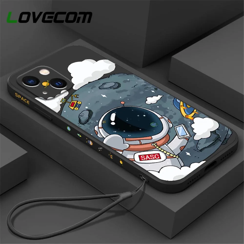 

Милый мультяшный чехол для телефона с астронавтом луной для iPhone 11 12 13 14 Pro Max 7 8 Plus X XR XS SE 2022, мягкий силиконовый чехол с ремешком
