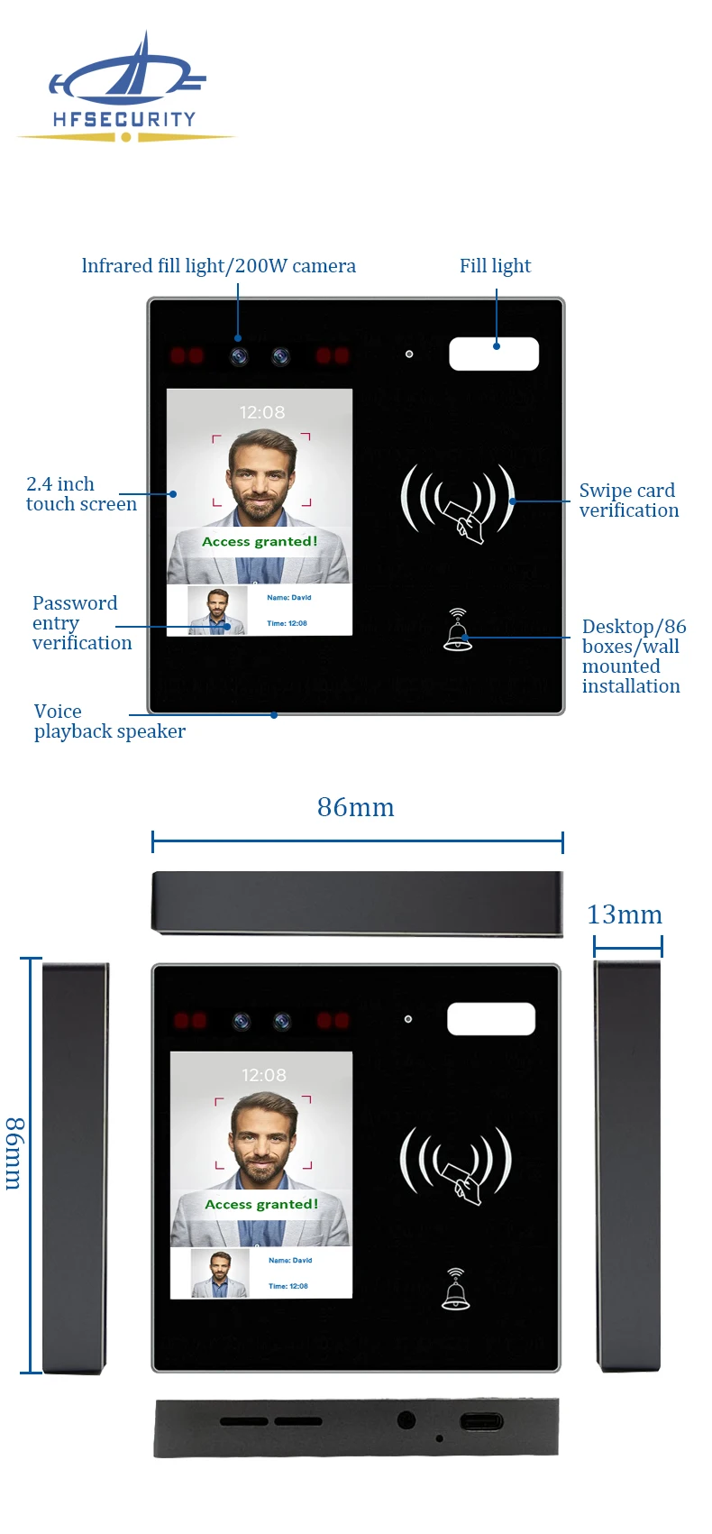HFSecurity MINI30 IC Reader распознавания лиц 2 4 дюйма контроль доступа для спортзала в отеле