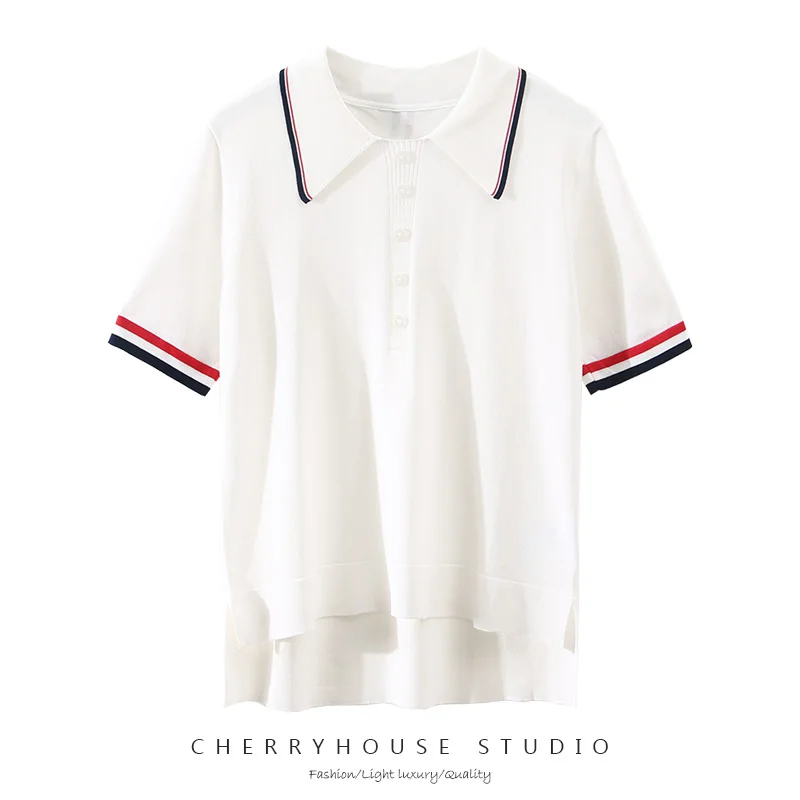 

TB lapel ice silk knitted T-shirt women's college style POLO collar color loose casual front short back long women's top