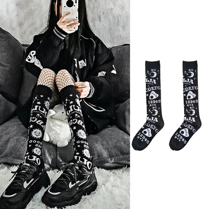 

Women Girl Gothic Knee High Long Socks Harajuku Moon Star Print Stockings