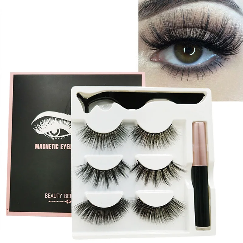 

New! 3Pairs Magnetic Eyelashes False Lashes Repeated Use Eyelashes Waterproof Free Liquid Eyeliner With Tweezer Makeup Set