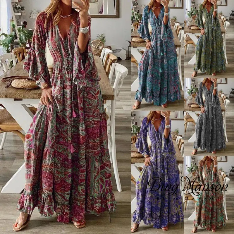 

2023 Summer Women's Elegant Flower Print Fringe Party Dress Sexy V-Neck Beach Dress Casual Long Sleeve Poho Dress