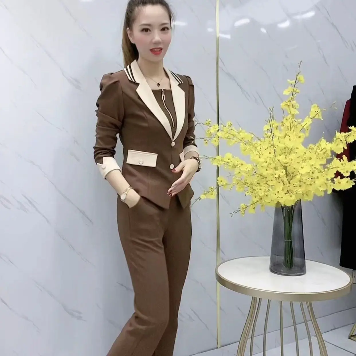 2023 Spring and Autumn New Korean Style Temperament Slim Blazer Two-piece Women's High-end Straight Trousers Set