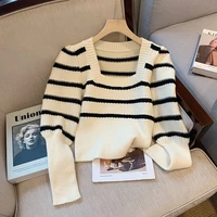 2022 spring new square neck striped knitted sweater women temperament gentle wind slim slimming bottoming top sweater