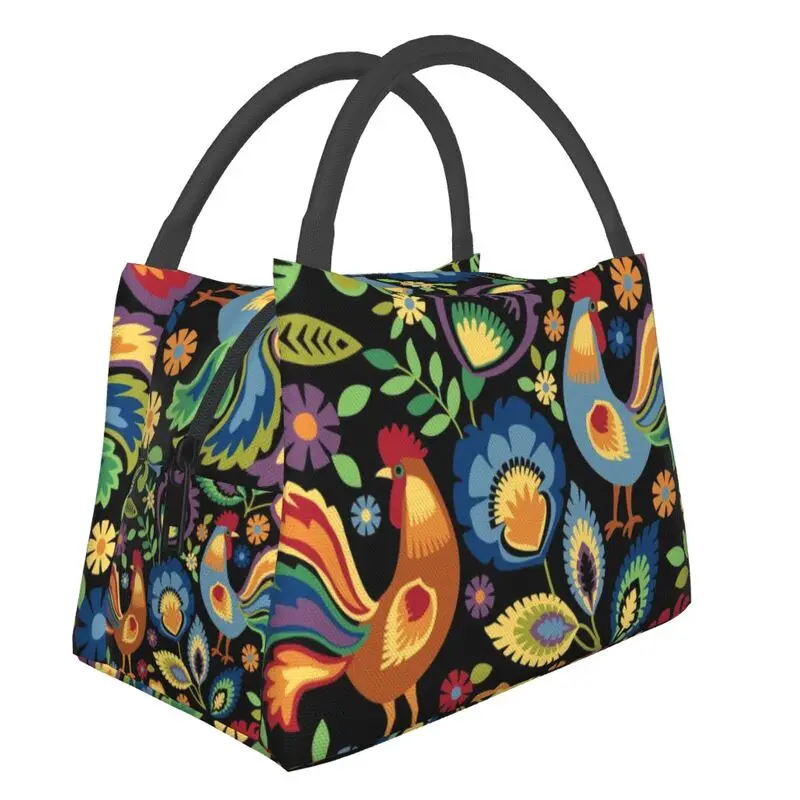 

Folk Roosters Insulated Lunch Bag for Outdoor Picnic Poland Polish Art Leakproof Thermal Cooler Lunch Box Women
