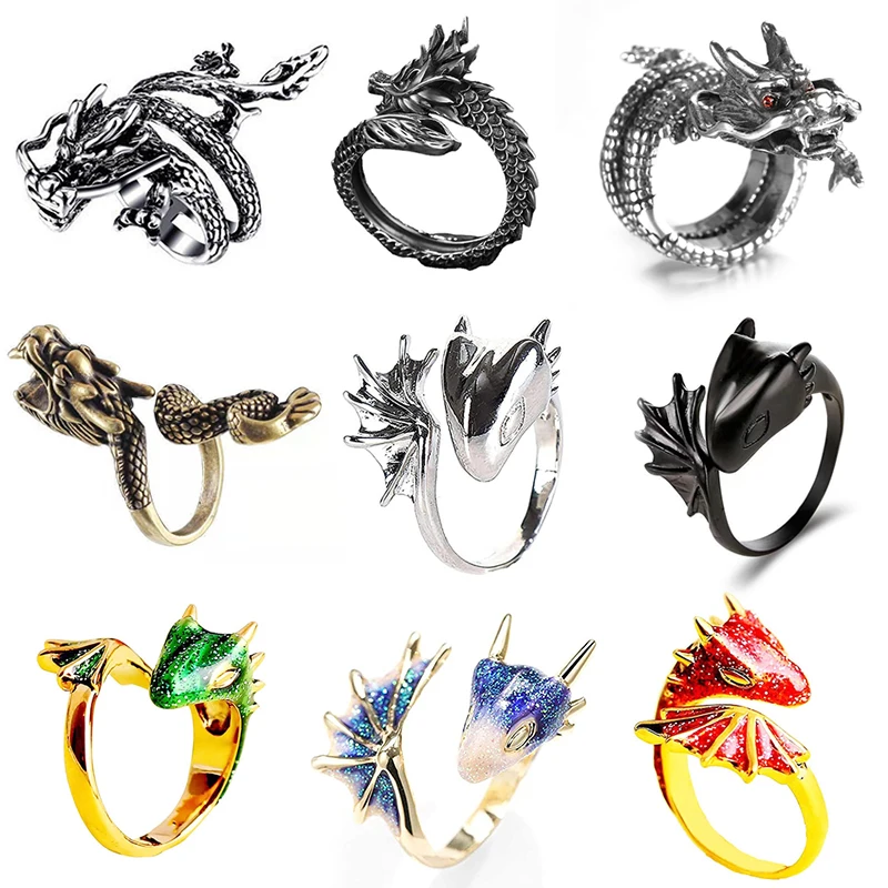 Jisensp Gothic Punk Dragon Ring Men Retro Viking Animal Adjustable Finger Rings for Women Personality Magical Cool Jewelry Gift