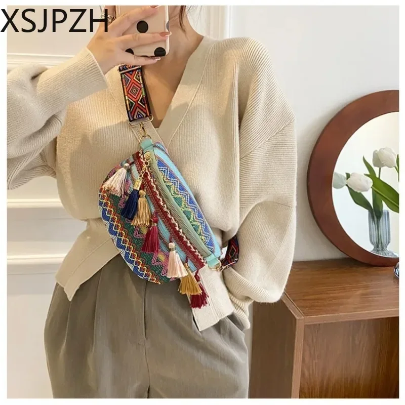 

Boho Women Ethnic Style Shoulder Bag Variegated Women Bag Adjustable Strap Canvas Fringe Women's Chest Bags Woven Messenger Bag