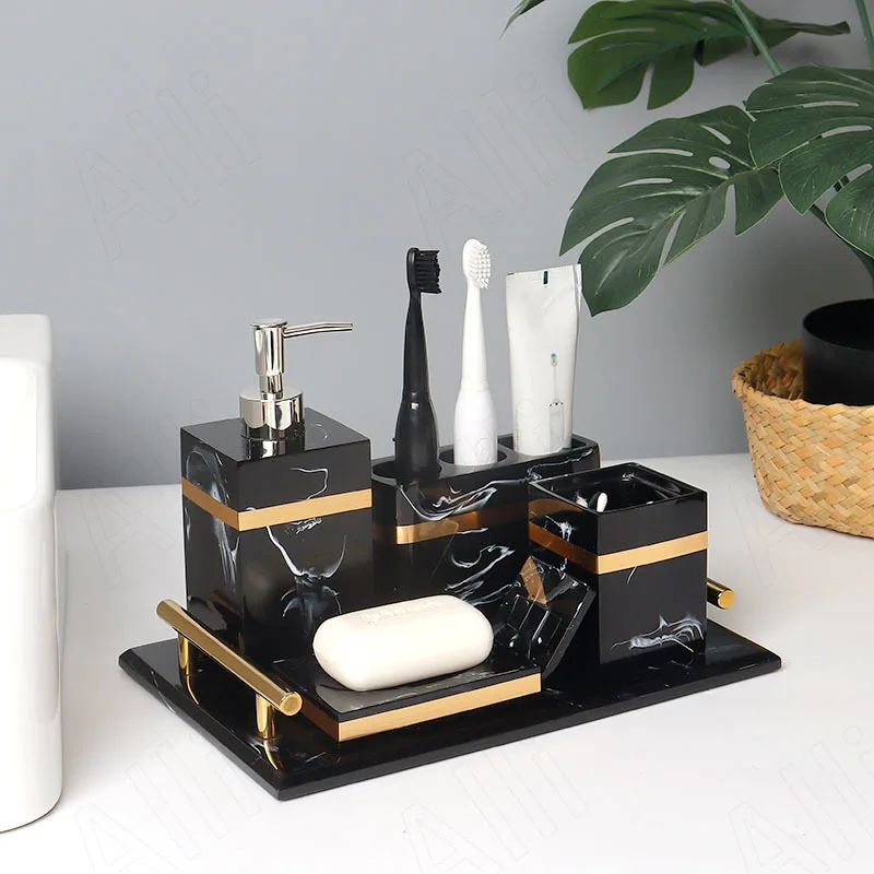 

European Resin Bathroom Accessories Marble Texture Desktop Hand Sanitizer Soap Bottle Golden Stroke Five-piece Bathrooms Sets