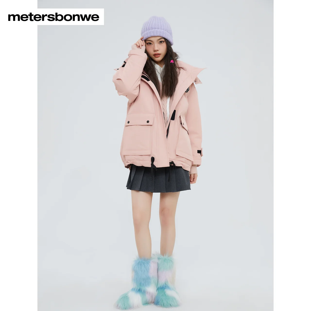 Metersbonwe Women 22New Cartoon Seal Cargo Hooded Down Jacket 80%Duck Down Medium Length Thick Warm Wear Loose Winter Down Coats