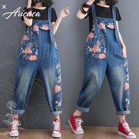 aricaca spring summer women big size vintage denim jumpsuit m 2xl floral overalls pocket streetwear casual loose jeans