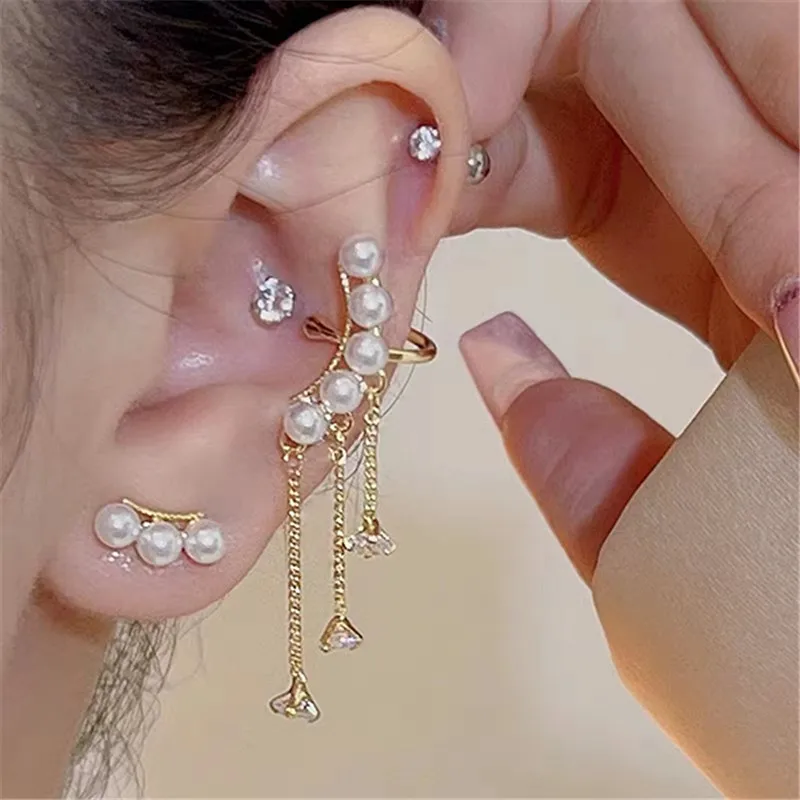 

New Fashion Trend Unique Design Elegant Delicate Asymmetric Pearl Tassel Earrings Ear Cuffs Women's High Jewelry Party Gifts