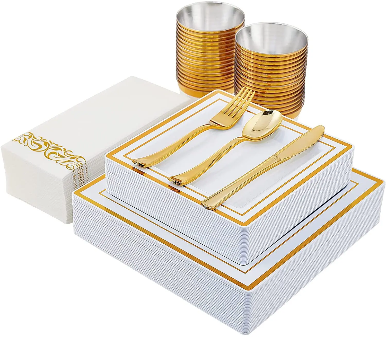 

Disposable Party Cutlery Clear Gold Plastic Tray Silverware Cup Napkin Set For Birthday Wedding Party Festive Event Decoration