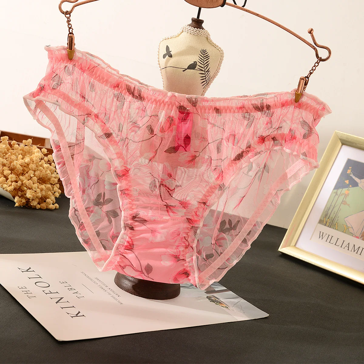 

NEW Romantic Sexy Ice Silk Calendula Satin Print Briefs Low Waist Breathable Hollow Lace Panties Lingerie for Ladies Women Girls