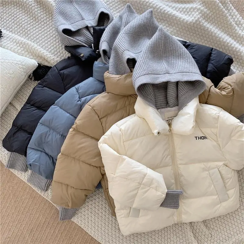 

Kids Fashion Knitted Hooded Jacket Solid Color Down Coat Baby Girls Boys Winter Warm Outwear 1-7Y Children's Cotton Padded Jacke