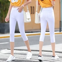 summer elasticity capris pants women streetwear stretch skinny pencil pants ladies high waist calf length pants white black