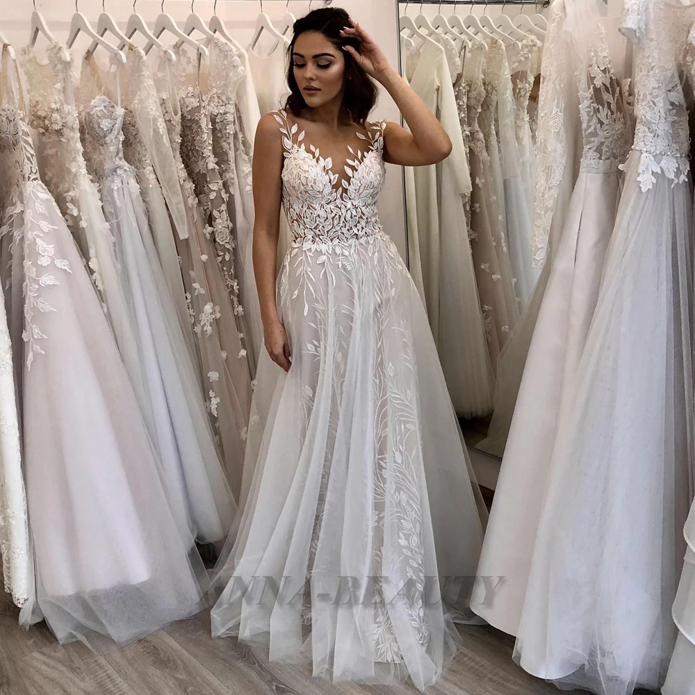 

Anna Scalloped Charming Wedding Dresses For Mariages Backless Appliques Sleeveless Floor Length Vestidos De Novia Brautmode