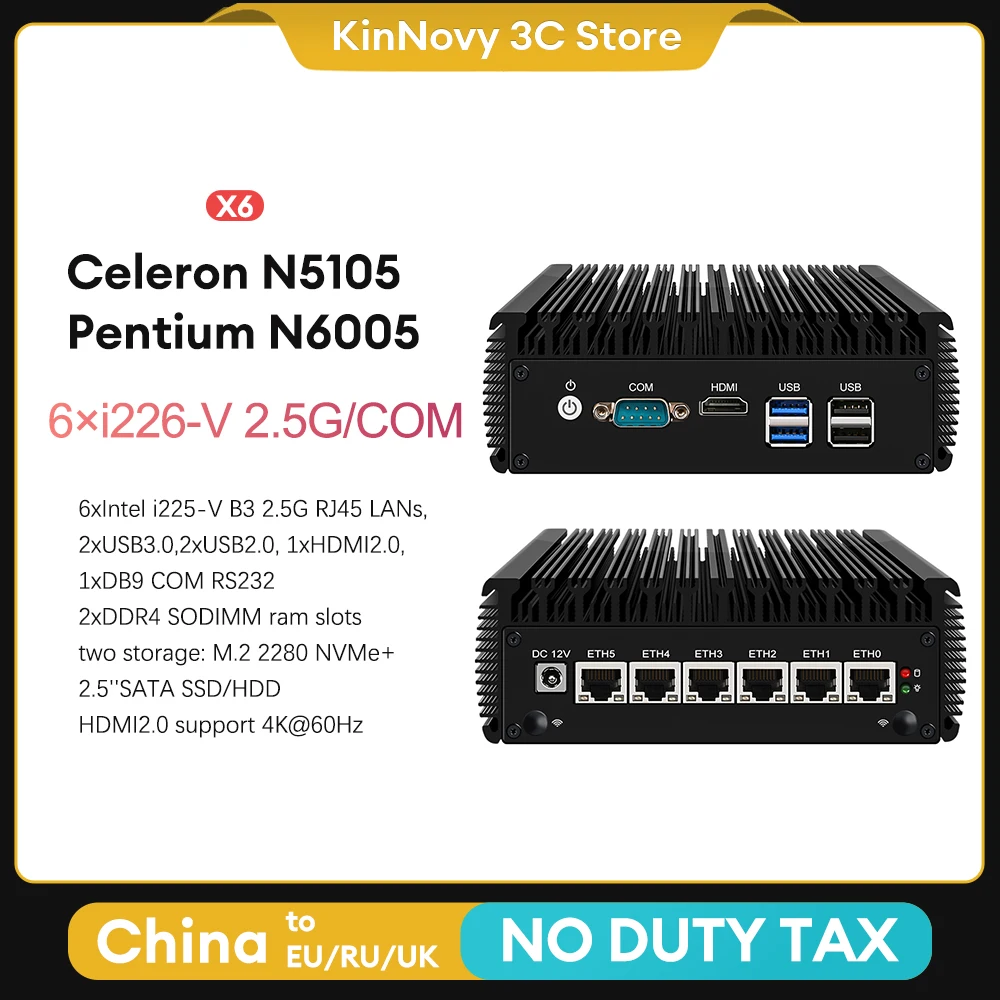 

2023 6x Intel i226-V 2,5G Celeron N5105 четырехъядерный pfSense брандмауэр маршрутизатор 2 * DDR4 NVME SSD 6x2500M Nics безвентиляторный мини-роутер для ПК