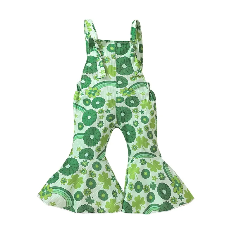 

Baby Girl Romper St Patricks Day Clothes Sleeveless Four Leaf Clover Print Jumpsuit Casual Spring Summer Bell-Bottomed Pants