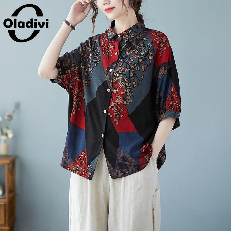 

Oladivi Oversize Women Clothing Fashion Print Short Sleeve Blouses Summer 2022 New Casual Loose Shirt Big Top Large Tunic 81292