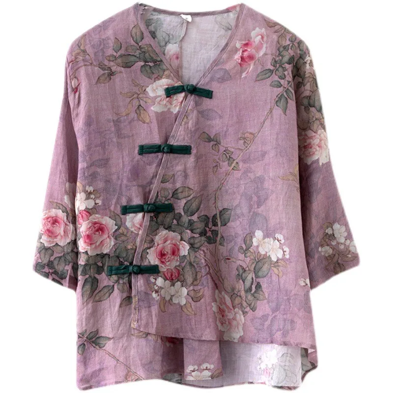 

Loose Women Summer Cotton Linen Blouse Shirts Casual New Chinese Vintage V-neck Floral Print Loose Female Half Sleeve Tops