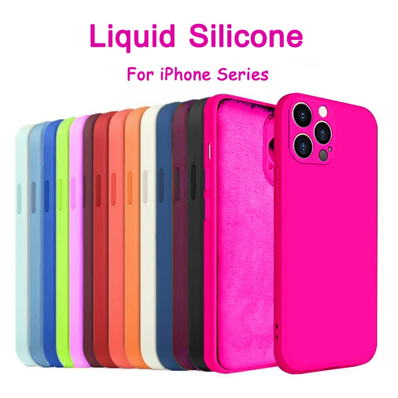 

Original Square Liquid Silicone Case For iPhone 14 13 11 12 Pro Max X XS Max XR 7 8 Plus SE 2020 Soft Shockpoof Pink Cover funda