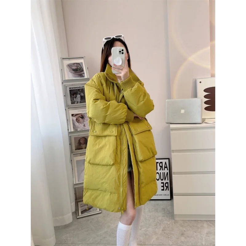 Retro White Duck Down Maternity Coat Fashion Knitted Stand Collar Solid Pregnant Women Outwear Casual Large Pocket Jacket Winter