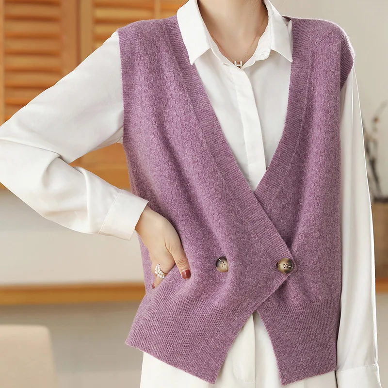 

Spring V-Neck Pure Wool Knit Vest Cardigan Women Korean Tops Loose New Sweater Vest Sleeveless Female Jacket Cashmere Waistcoat