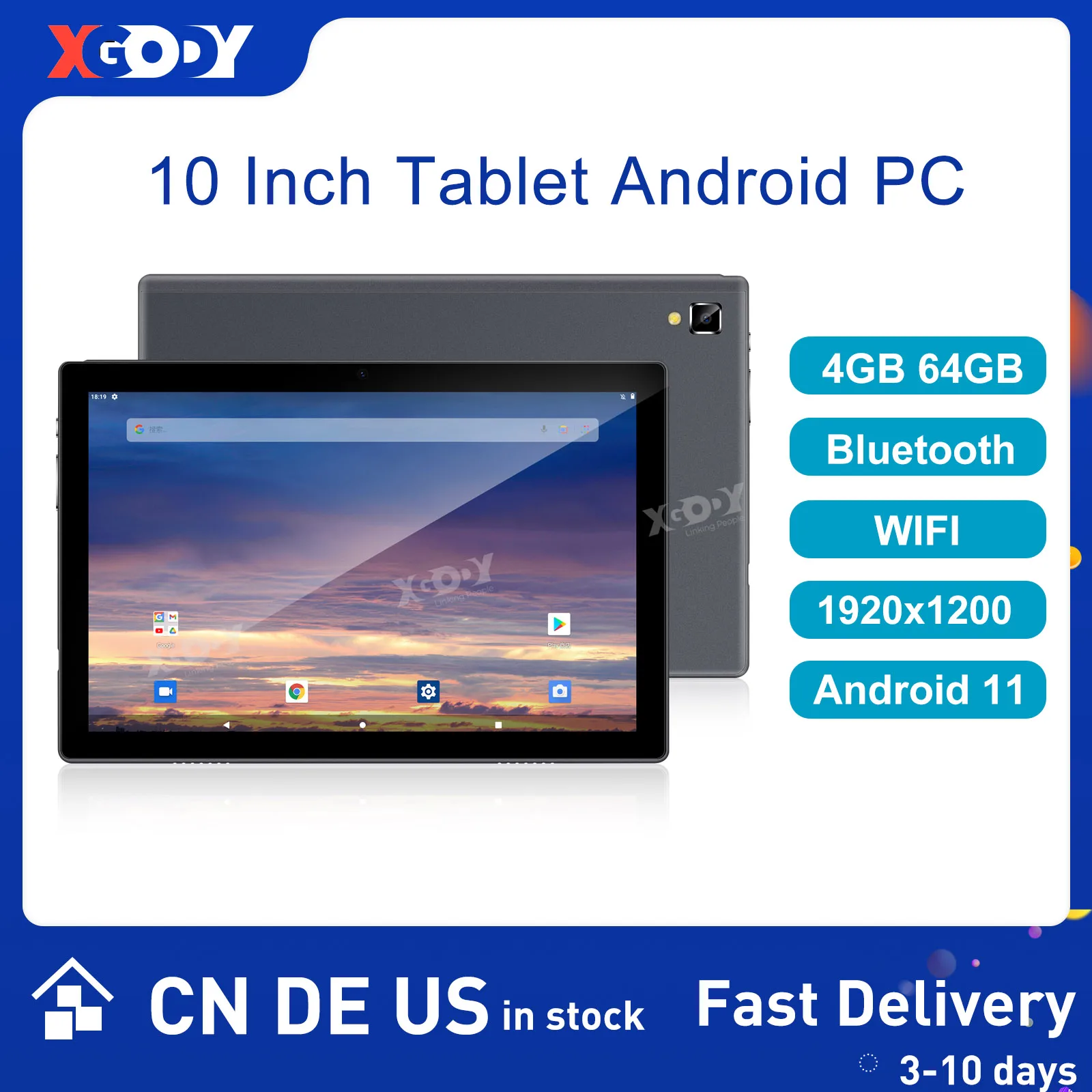 XGODY 10 Inch Tablet PC Android 11 4GB RAM 64GB ROM Octa Core 1920x1200 IPS 8MP Dual Camera 5G WiFi OTG Type-C 8000mAh Tablets