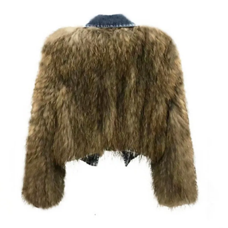 Fashion Ladies Real Fur Jacket Single Breasted Denim Patchwork Natural Raccoon Fur Coat Women