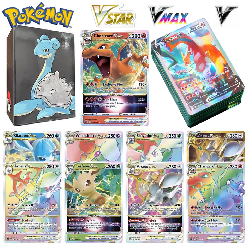 

100pcs English Pokemon Cards Box Shining VSTAR V VMAX Card Display Pokémon Playing Game EX GX MEGA Battle Carte Trading Toy Gift