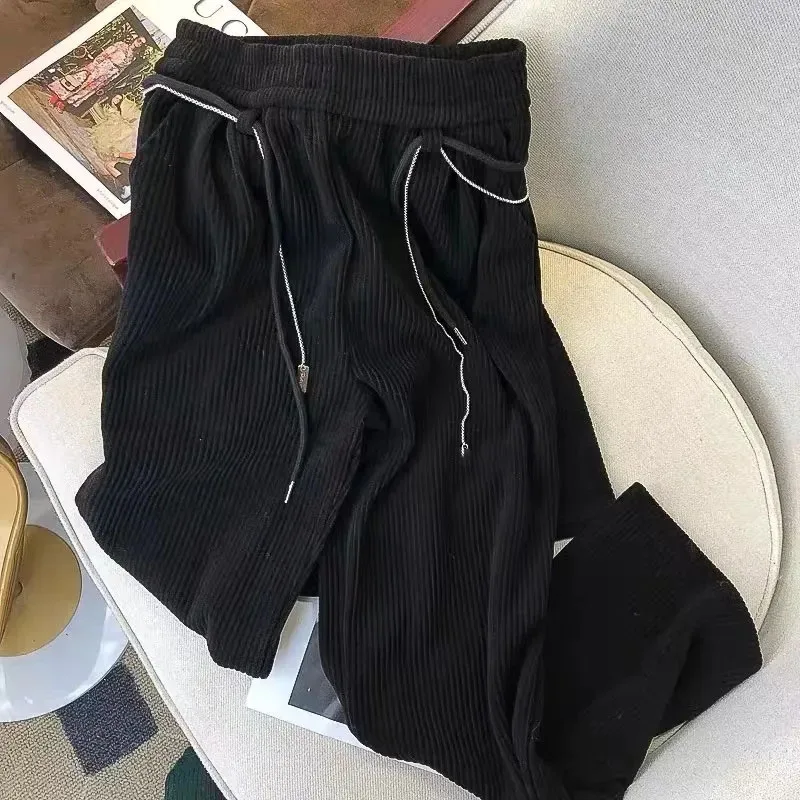 

2023 Y2K Black Corduroy Wide Leg Pants Woman Winter 2023 New Casual Loose Thick Warm Pants Women Elastic Waist Street Straight
