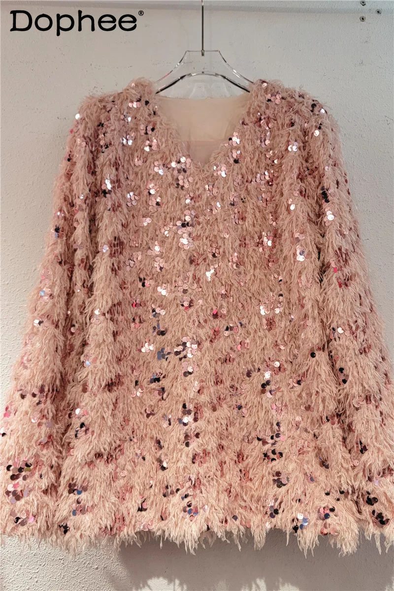 

Женское трикотажное платье с вышивкой и блестками, осенне-зимний пуловер средней длины с V-образным вырезом